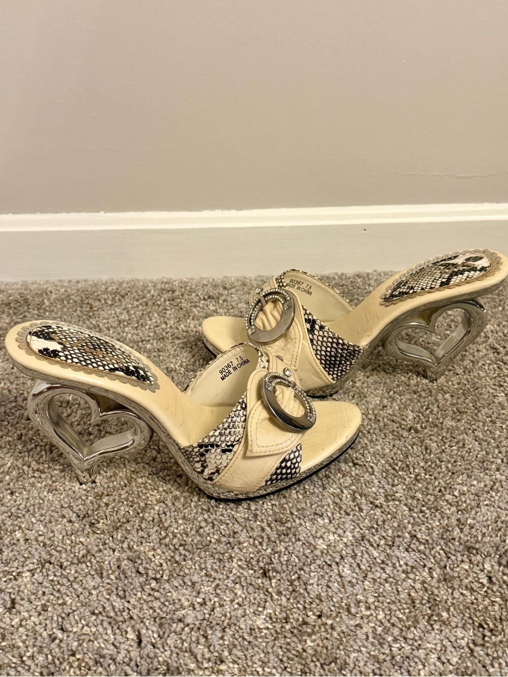 Selina Cream and Silver Snake-Print Heart Heel Slide Sandals with Hardware